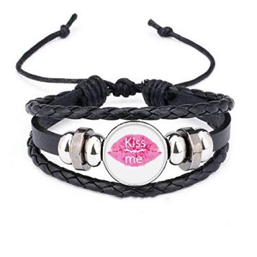 Imagem de DIYthinker Pulseira de couro trançado Pink Lip Kiss Me Dia dos Namorados
