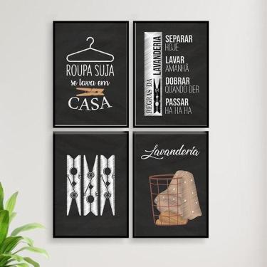 Imagem de Kit 4 Quadros Decorativo Lavanderia Giz 33X24Cm Preta