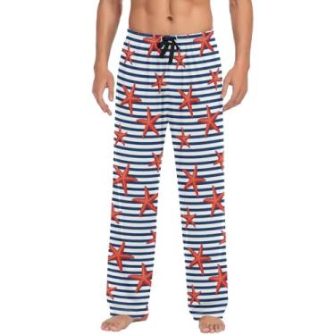 Imagem de ZRWLUCKY Calça de pijama de flanela listrada azul marinho estrela do mar para homens com bolsos calça pijama masculina, Colorido., P