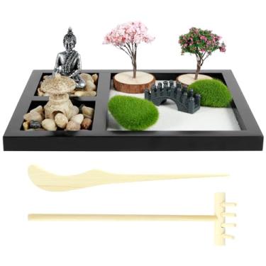 Imagem de Kit de jardim zen, kit de jardim zen japonês, conjunto de areia zen faça você mesmo, mini decoração zen de mesa, jardim engraçado meditação areia zen, bonsai artificial bandeja de areia zen kit de jog