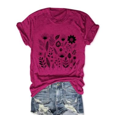 Imagem de Camiseta feminina de flores silvestres boho, botânica, cottagecore de manga curta, estampada, camisetas, G - rosa, GG