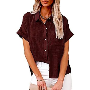 Imagem de Camisas femininas de linho de algodão com botões e gola V, blusas de manga curta, gola solta, blusas casuais de verão, D08-vinho, M