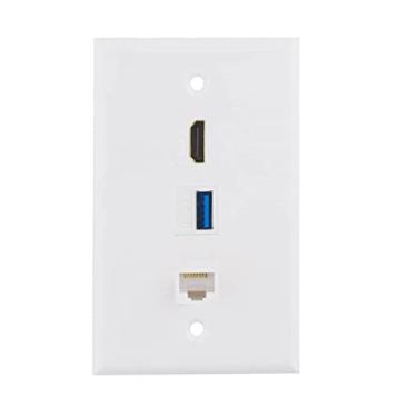 Imagem de Halokny Placa de parede com 3 portas HDMI USB Cat6 RJ45, 1 conector HDMI + 1 Ethernet RJ45 Cat6 + 1 x conector USB 3.0, placa de parede fundamental para placa frontal, branca