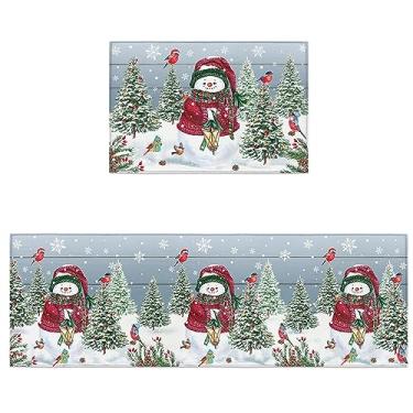 Imagem de Árvore de Natal boneco de neve tapetes de cozinha para piso acolchoado anti fadiga conjunto de 2 peças tapetes de corredor de cozinha antiderrapantes laváveis flocos de neve robin berries cenário de neve