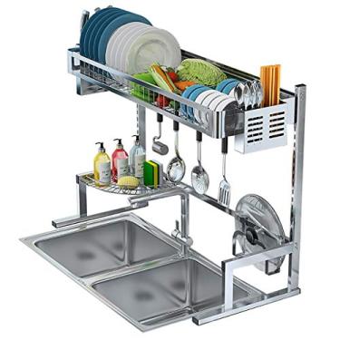 Imagem de Escorredor de louças sobre a pia em altura ajustável escorredor de pratos de aço inoxidável 304 prateleira de armazenamento multifuncional escorredor de louça organizador com suporte de utensílios