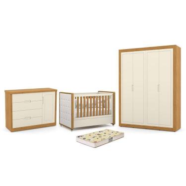 Imagem de Dormitório Tutto New 4 Portas, Cômoda 1 Porta e Berço com Capitonê e Colchão Supreme - Matic Móveis