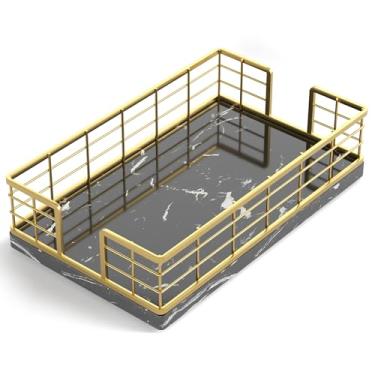 Imagem de Wican Bandeja de suporte de toalha de mármore para banheiro, suporte de guardanapos para lavabo mesa de jantar cesta de madeira para toalhas de mão de papel descartáveis ouro e mármore preto