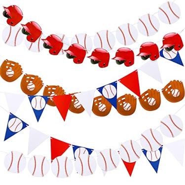 Imagem de 6 bandeiras de beisebol de bandeiras de beisebol com faixa de papel, luva de beisebol e guirlanda de boné de beisebol para decorações de festas temáticas esportivas, aniversário