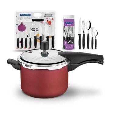 Imagem de KIT - Panela de Pressão 4,5L Vermelha + 1 Faqueiro 30pç + 1 Conjunto F