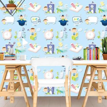Imagem de Papel de Parede Infantil Crianças Escola Aprendizagem Com Fundo Azul -