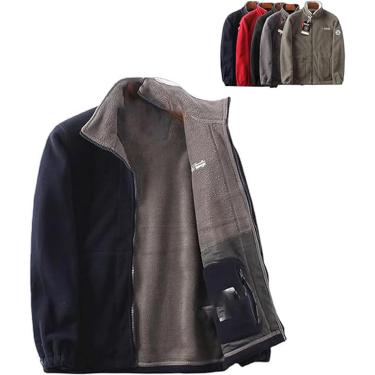 Imagem de Jaqueta quente acolchoada unissex de camada dupla, jaqueta masculina com capuz de lã de camada dupla, casaco leve de lã polar à prova de vento com zíper completo, marinho, XXL