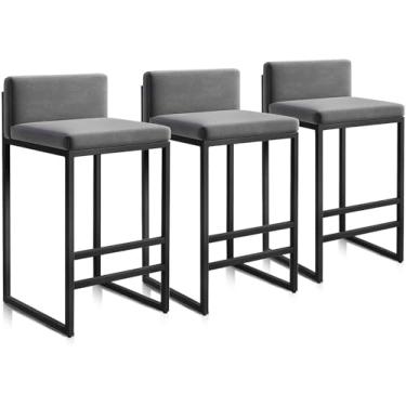 Imagem de Conjunto de 3 bancos de bar de café da manhã, banquetas de veludo para cozinha, cadeiras de bar modernas com encosto e estrutura de metal preta, carga 150 kg/300 libras, cinza, 75 cm (29,5 polegadas)