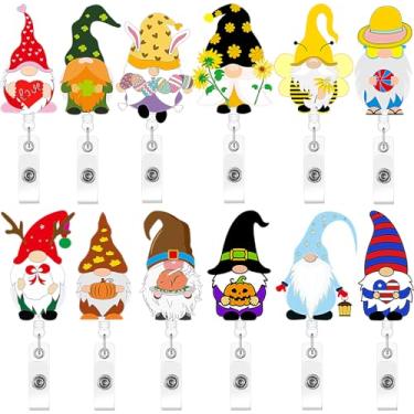 Imagem de 12 peças de crachá de feriado carretéis de gnomo porta-crachá retrátil clipe de crachá de enfermeira com clipe de jacaré para professores médicos funcionários voluntários dia patriótico dos EUA