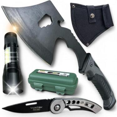 Imagem de Canivete Tático Dobrável, Machado Multiuso, Lanterna Recarregável, Kit