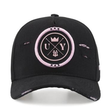 Imagem de Boné Rasgado Use Young Preto com Bordado Rosa Casual e Estiloso, Preto