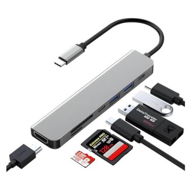 Imagem de Adaptador Hub Multiportas USB Tipo C 7 em 1, com Saída HDMI 4K a 60Hz, 2 Portas USB 3.0, 1 Porta USB Tipo C, Leitor de Cartões SD e TF, Fonte de Alimentação Tipo C, Carregamento de Portas