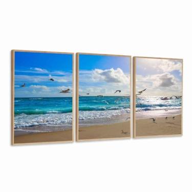 Imagem de Quadro Decorativo Praia areia passaros sol paisagem moderno sala quarto com Moldura vidro (Moldura Bege, 60x80, Sem Vidro)