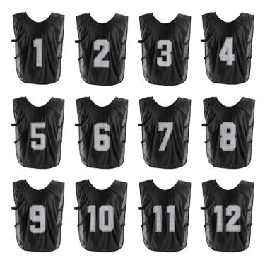 Imagem de PATIKIL Colete de treinamento de futebol, pacote com 12 pinnies esportivos de equipe, reversível, numerado, pennies para treino de futebol, babadores com cinto para adultos, 71 cm, preto, Preto, 28"