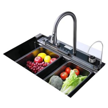 Imagem de Pia de cozinha inteligente com tela de LED, 75 x 45 cm, torneira multifuncional, pia dupla, preta