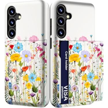 Imagem de IWONE Capa para celular compatível com Samsung Galaxy S24 FE fofa com porta-cartões/S24FE Slim Slot Wallet Phone Cover for Women/Colorful Small Flowers Wild Garden Herbs Spring Leaves