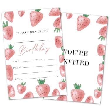 Imagem de oayGnay Cartões de convite de aniversário de morango para adolescentes, convites de festa de aniversário de frutas para mulheres e adultos, 20 cartões de convite com envelopes, lembrancinhas de festa