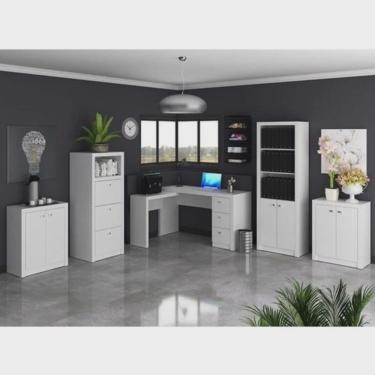 Imagem de Kit 5 Peças com 1 Mesa para Escritório em l, 1 Gaveteiro, 2 Armários Baixo e 1 Armário...