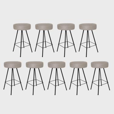 Imagem de Kit 09 Banqueta Alta Laisa Industrial Redonda Cozinha Bar Balcão Bistrô Ferro Preto Corino Bege - Ahz Móveis