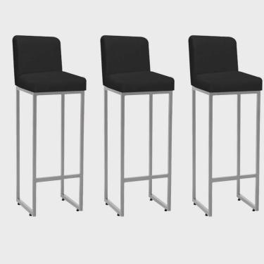 Imagem de Kit 03 Banqueta Alta Com Encosto Lucca -60cm chão até o assento Industrial Ferro Prata Corino Preto - Ahazzo Móveis