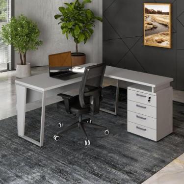 Imagem de Mesa L 150cm Pé Metal Gaveteiro 4 Gavetas e Chave F5 Office - F5 Offic