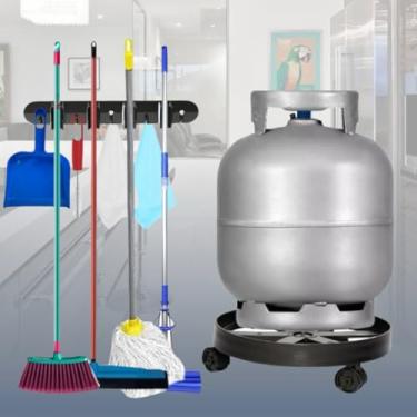 Imagem de Kit Organizador Suporte para Btijão de Gás com Rodinhas Suporte para 4 Vassouras com ganchos na cor Preto