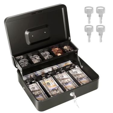 Imagem de SAFECaixa de dinheiro com bandeja de dinheiro e cadeado, caixa de metal para caixa registradora, caixa grande para dinheiro cofre inclui 5 compartimentos para moedas, 4 compartimentos para notas, 4