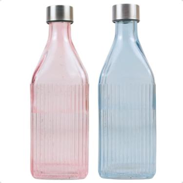 Imagem de Kit 2 Garrafas Quadrada De Vidro Canelado com Tampa 1l Colorida para Geladeira (Azul e Rosa)