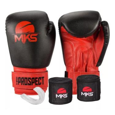 Imagem de Kit luva muay thai boxe kickboxing prospect preta/vermelha + bandagem 