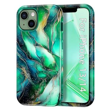 Imagem de CASEFIV Capa para iPhone 13/iPhone 14, design de padrão de mármore, elegante, robusto [testado em queda de grau militar] Capa protetora fina e elegante à prova de choque para mulheres e meninas, verde