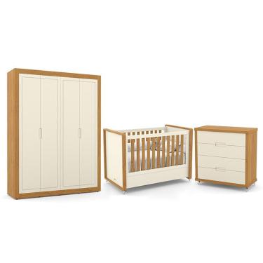Imagem de Dormitório Tutto New 4 Portas, Cômoda 4 Gavetas e Berço - Matic Móveis Off White/Freijó
