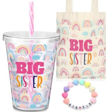 Imagem de Shinylin 3 Pcs Big Sister Gift for Girls 12 oz Pink Big Sister Cup Insulated Acrylic Tumbler with Leakproof Lid and Straw Canvas Tote Bag Bracelet for Little Girls Age 2-8