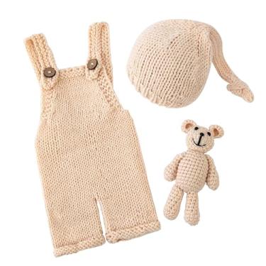 Imagem de Vemonllas Conjunto de fantasia para fotografia de recém-nascidos para meninos e meninas, adereços para fotos de bebê, gorro de urso de crochê (cremoso)