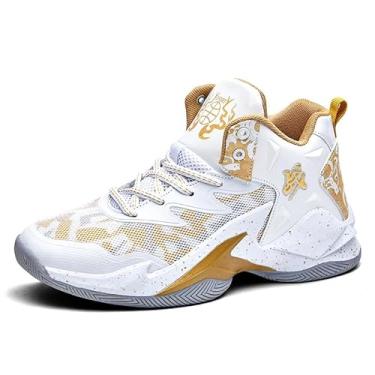 Imagem de Bolognifi Tênis de basquete masculino leve e durável para partidas de treinamento esportivo ao ar livre Equipamento de basquetebol(White+gold-4,37 BR)