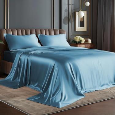 Imagem de BEDELITE Jogo de cama solteiro de cetim, luxuoso, macio, arejado, azul e sedoso, semelhante a seda, 3 peças, 1 lençol com elástico alto, 1 lençol de cima e 1 fronha