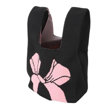 Imagem de Malha de tricotar bolsa estética bolsa de ombro de malha portátil casual feminino saco para festas de viagem compras (Preto+rosa)
