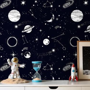 Imagem de ReWallpaper Papel de parede Galaxy Sky Peel and Stick estrelas lua planetas constelações preto espaço sideral papel de parede 43 cm × 3 m