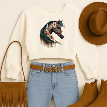 Imagem de Cropped Moletom Country Estampa Cavalo Colorido Moda Western Faroeste 