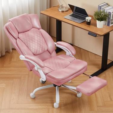 Imagem de StudioBay Cadeira de escritório com apoio para os pés, cadeiras executivas de couro PU com descanso para os pés, cadeira de mesa reclinável com descanso de perna, almofada grossa de mola helicoidal