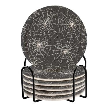 Imagem de Caikeny 6 peças de porta-copos com suporte de metal teias de aranha brancas pretas absorventes conjunto de porta-copos de tecido decorativo para mesa de centro