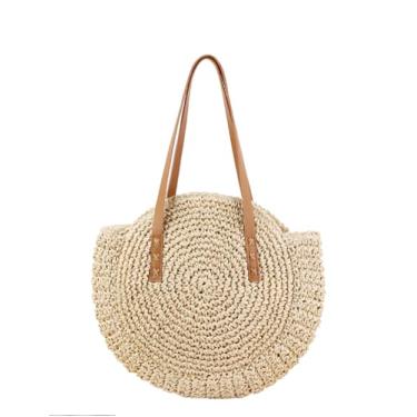 Imagem de SHAREYOIU Bolsa feminina redonda de palha, bolsa de ombro, bolsa de praia com alça superior, 1#bege médio