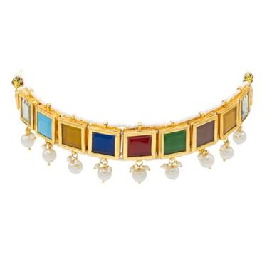 Imagem de Bodha Colar cravejado de pérolas com design Navaratna de casamento nupcial banhado a ouro com brincos maching para mulheres (SJN_302_MT)