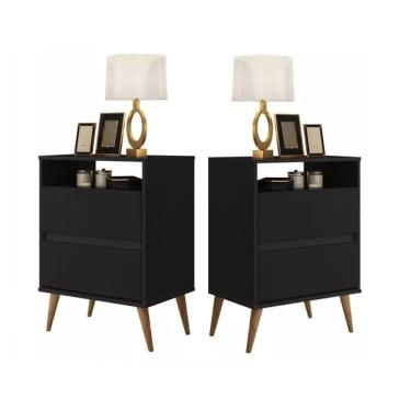 Imagem de kit com 2 mesa de cabeceira Preto 2 gavetas pes de madeira