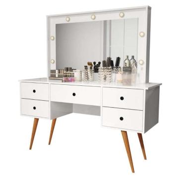 Imagem de Penteadeira Camarim Com Led Espelho Bancada De Maquiagem Pé Madeira Retrô 5 Gaveta Branco