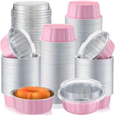 Imagem de Gejoy 180 peças de ramequins descartáveis com tampas, copos de cozimento de folha de alumínio de 227 g com tampas, forro de cupcake de ramekin para festa, casamento, aniversário, para quiche creme