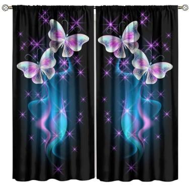 Imagem de Cortina de borboleta, decoração de casa de borboleta rosa roxa para quarto de meninas, quarto, sala de estar, conjunto de 2 painéis, tamanho total 106 cm L x 114 cm C